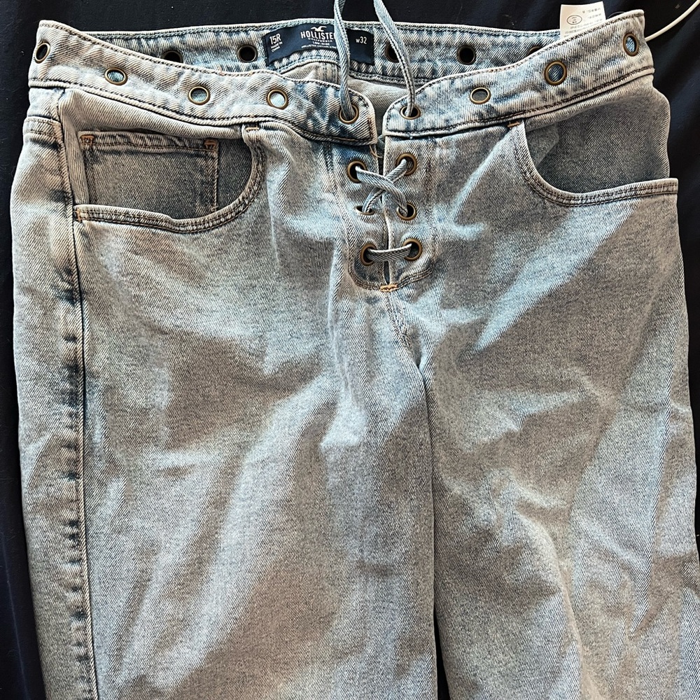 Hollister Light Wash Straight Tie Up Jeans Low Rise